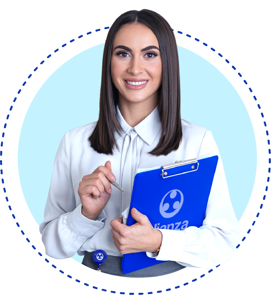 Mujer profesional con clipboard y logo de Alianza Temporales
